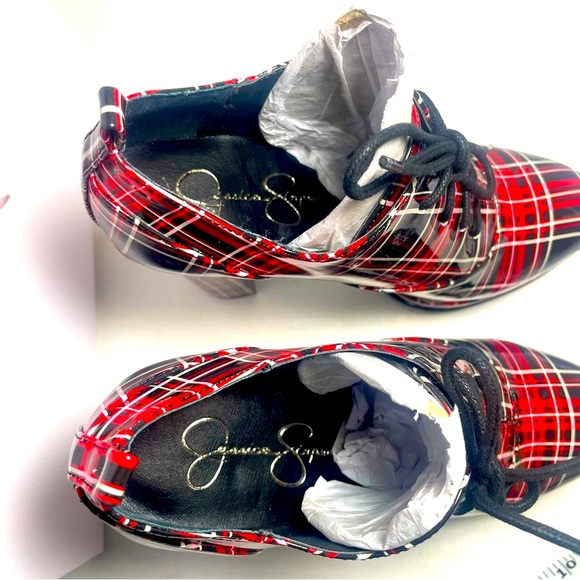 BNIB Jessica Simpson Irella Teagan Red Plaid Patent 5” platform ankle boots 6M - Picture 15 of 16